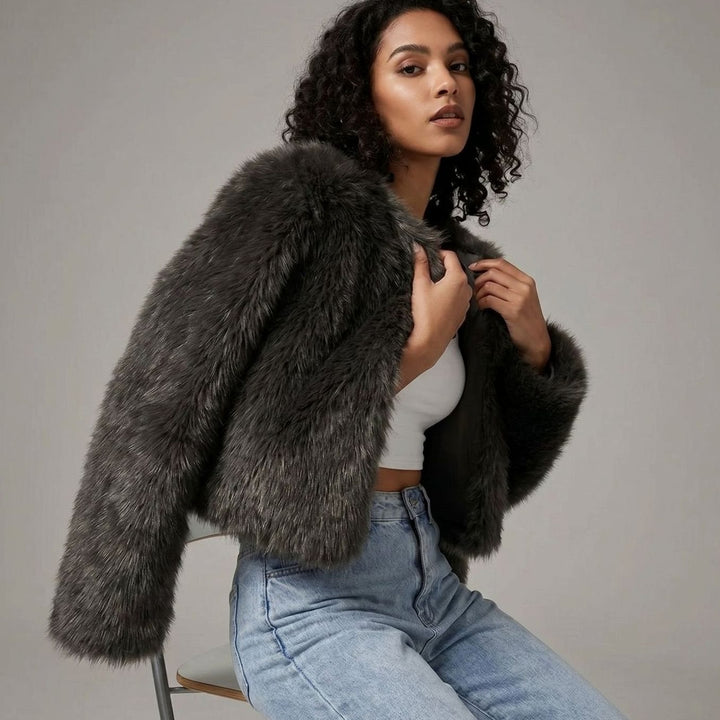Women's Cropped Faux Fur Cardigan Jacket - Black
