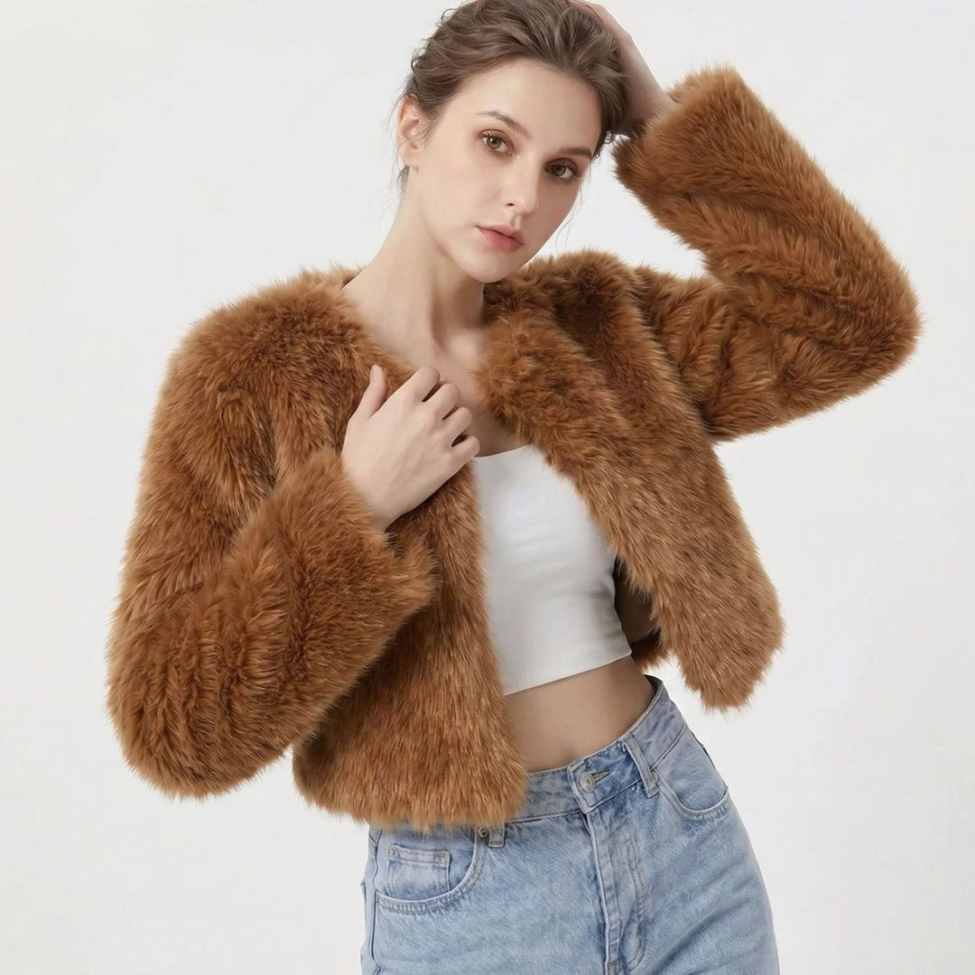 Women's Cropped Faux Fur Cardigan Jacket - Dark Curry
