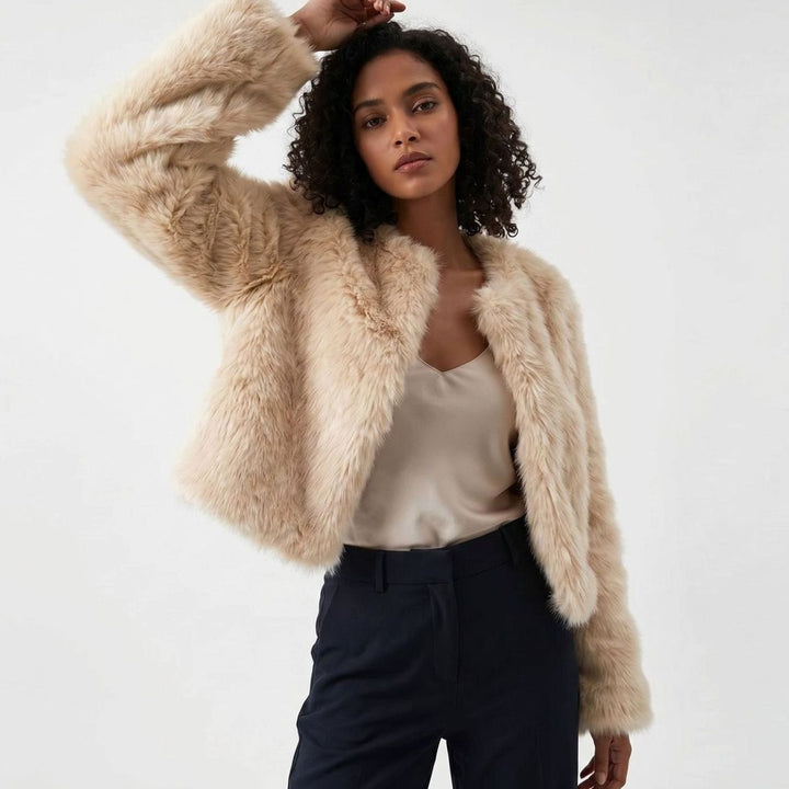 Women's Cropped Faux Fur Cardigan Jacket - Apricot