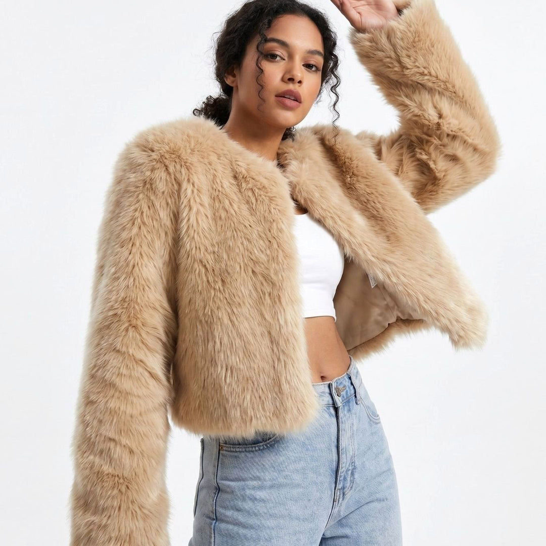 Women's Cropped Faux Fur Cardigan Jacket - Pale Curry