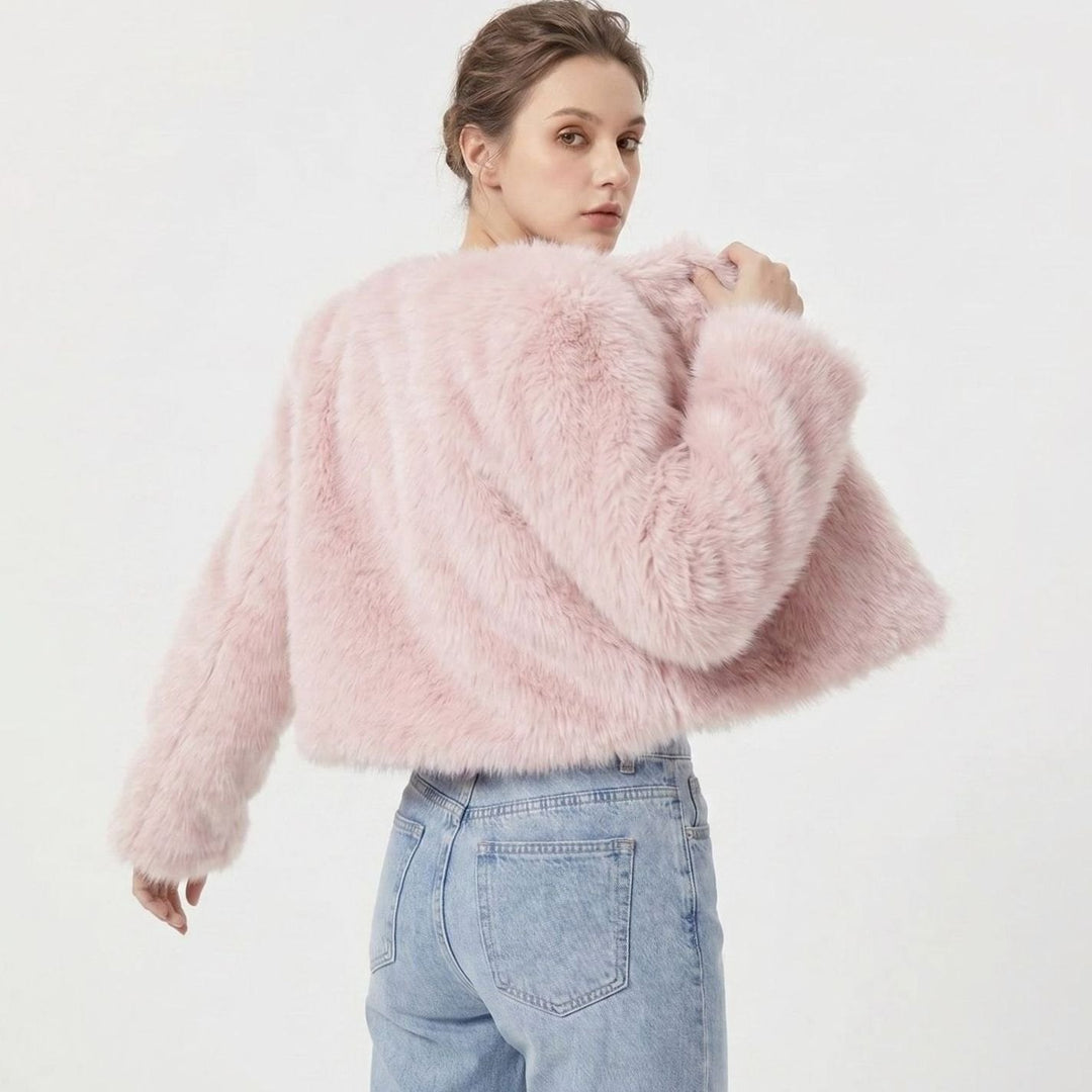 Women's Cropped Faux Fur Cardigan Jacket - Pink