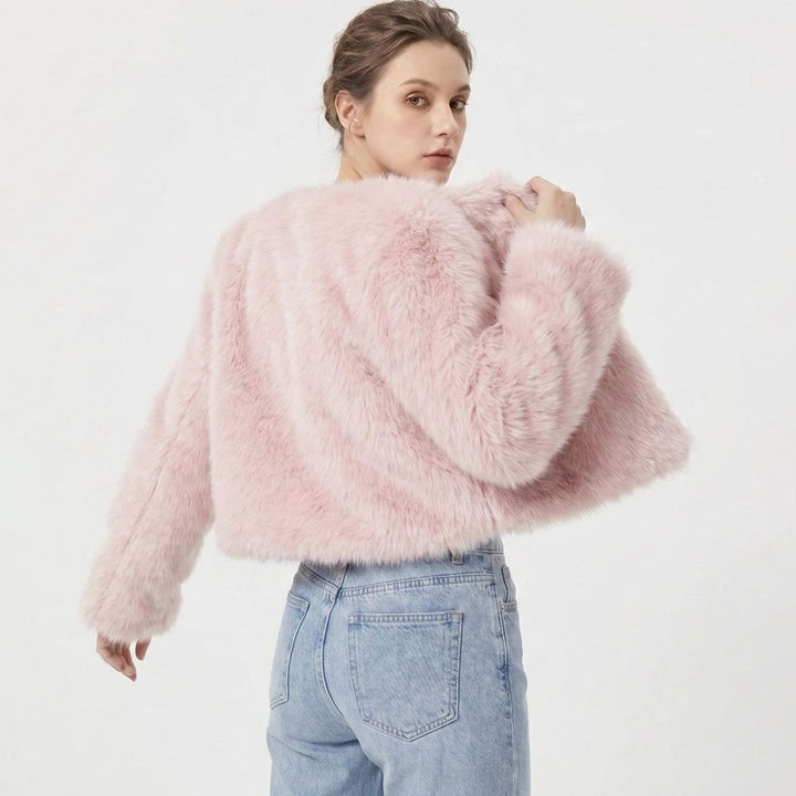 Women's Cropped Faux Fur Cardigan Jacket - Pink
