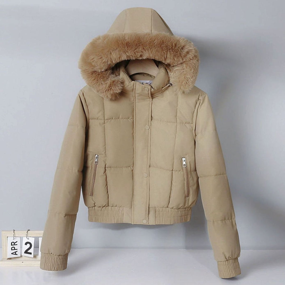 Women's Cropped Faux Fur Hood Padded Bomber Jacket - Khaki