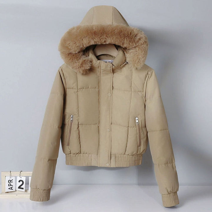 Women's Cropped Faux Fur Hood Padded Bomber Jacket - Khaki