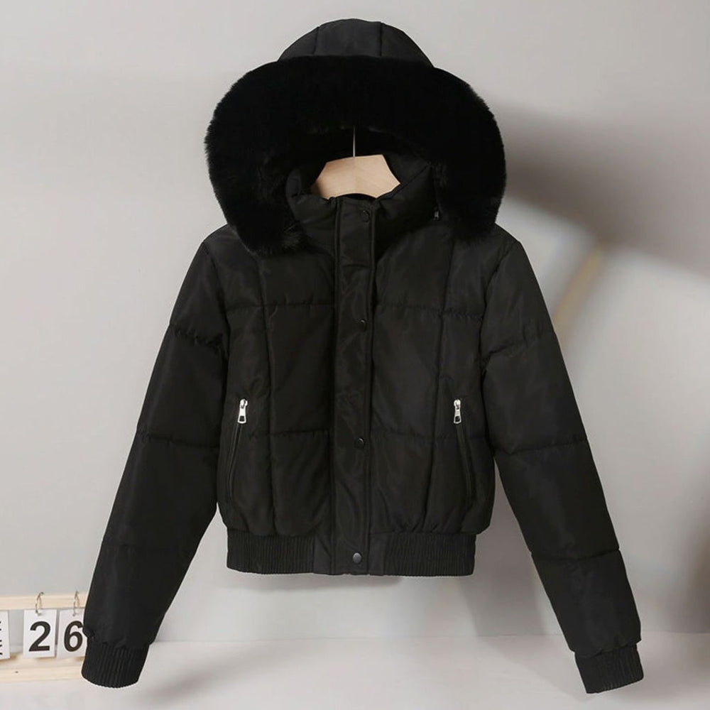 Women's Cropped Faux Fur Hood Padded Bomber Jacket - Black