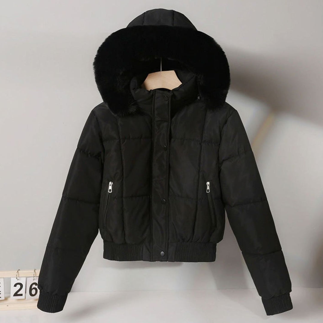 Women's Cropped Faux Fur Hood Padded Bomber Jacket - Black
