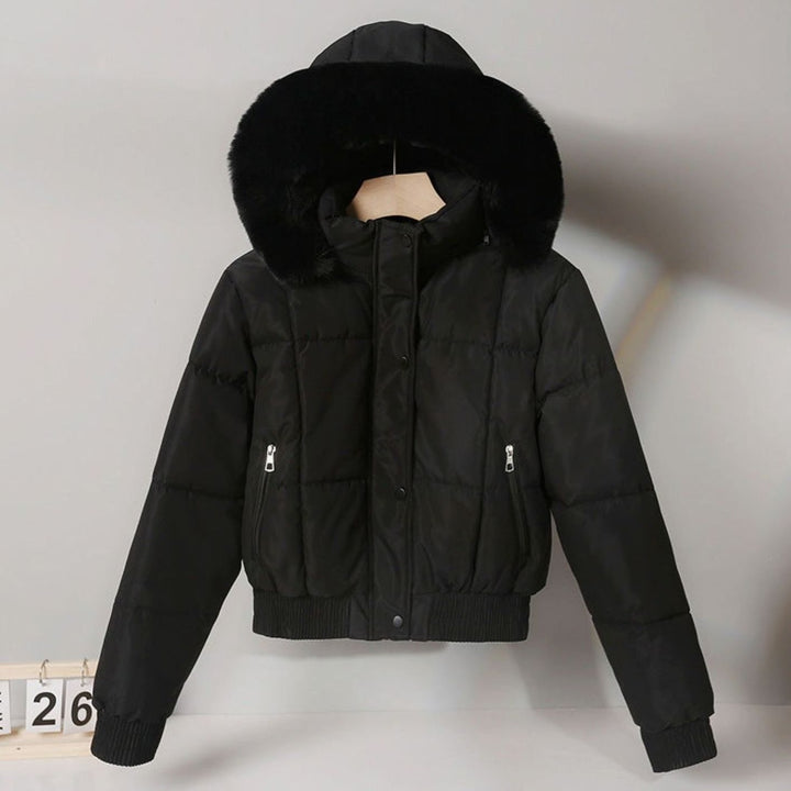Women's Cropped Faux Fur Hood Padded Bomber Jacket - Black