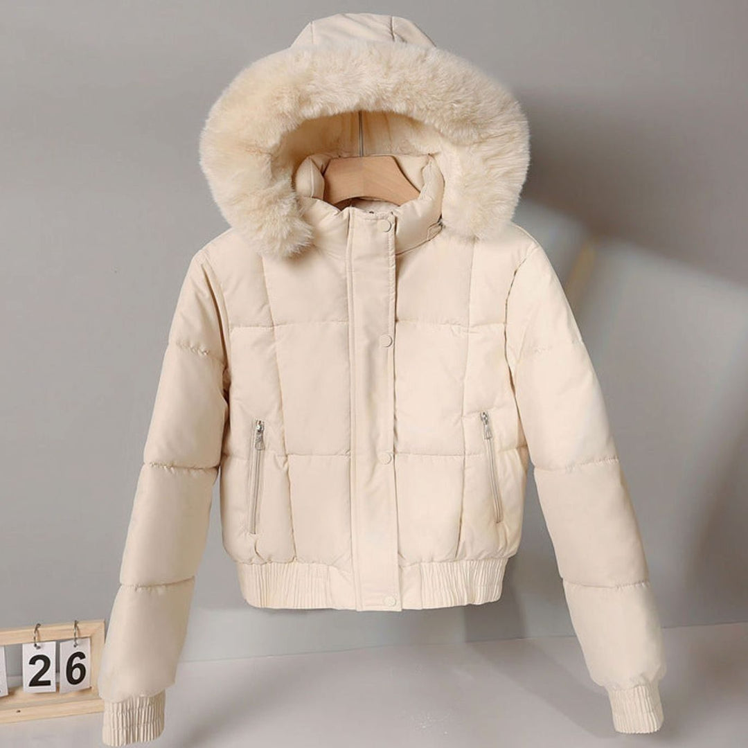 Women's Cropped Faux Fur Hood Padded Bomber Jacket - Off White