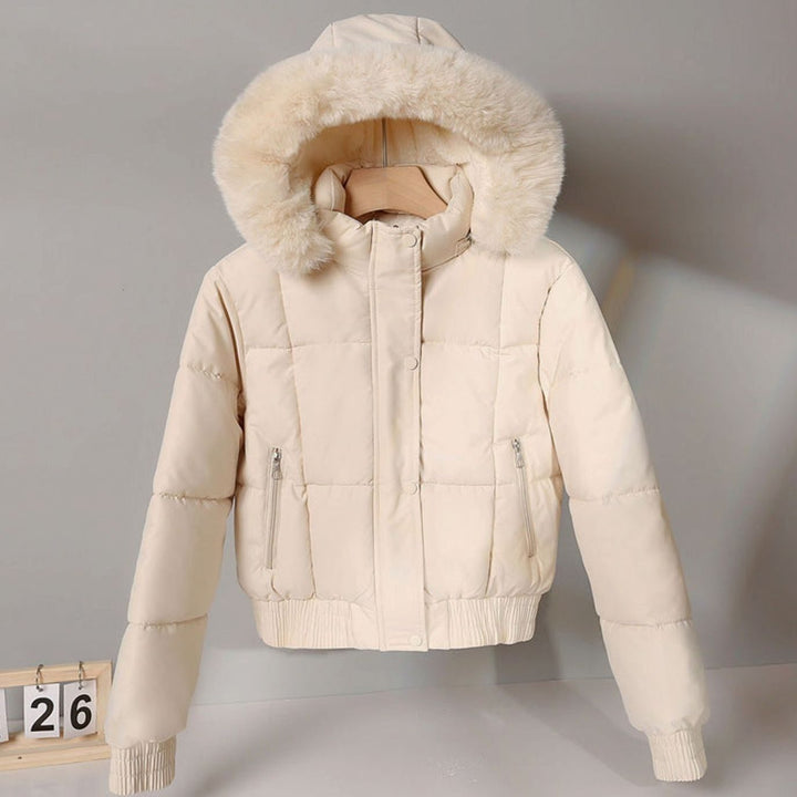 Women's Cropped Faux Fur Hood Padded Bomber Jacket - Off White