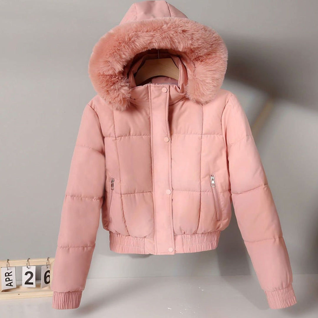 Women's Cropped Faux Fur Hood Padded Bomber Jacket - Pink