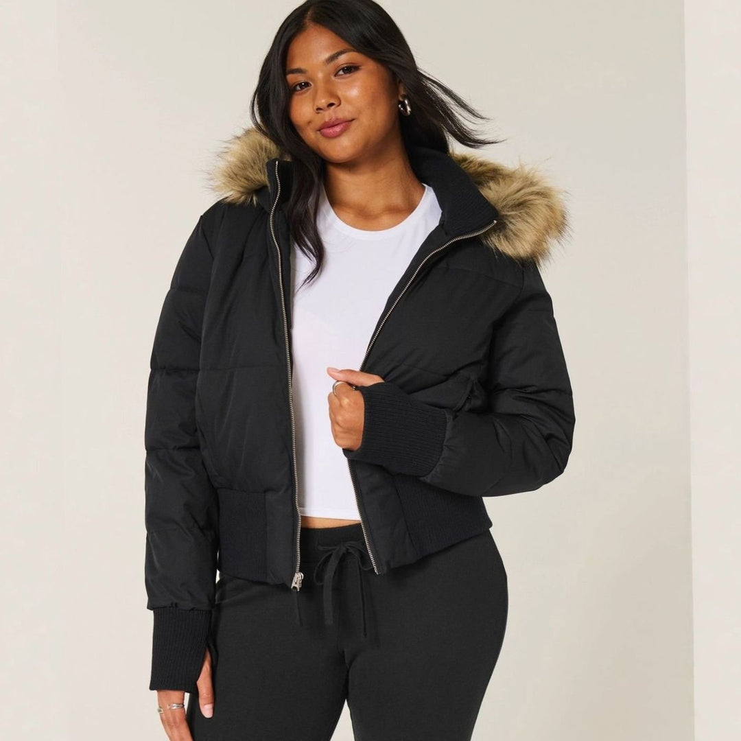 Women's Cropped Faux Fur Hood Quilted Puffer Jacket