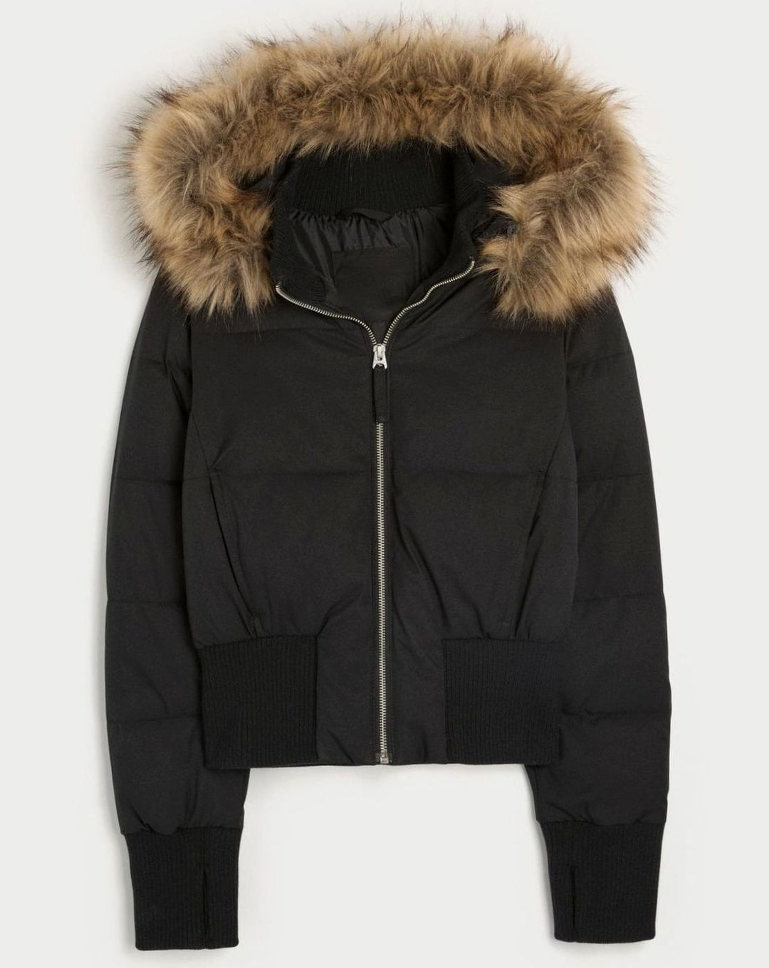 Women's Cropped Faux Fur Hood Quilted Puffer Jacket - Black