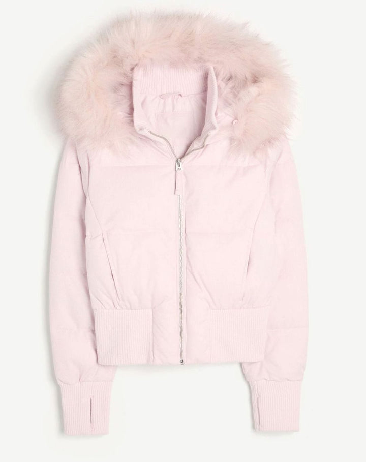Women's Cropped Faux Fur Hood Quilted Puffer Jacket - Pink