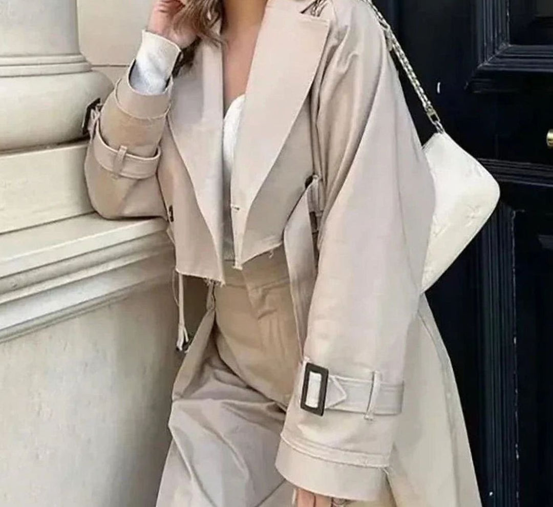 Women's Cropped Lapel Belted Trench Coat, Beige