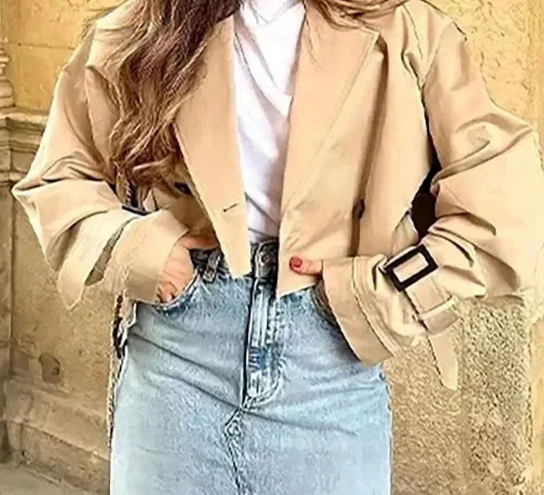 Women's Cropped Lapel Belted Trench Coat, Beige
