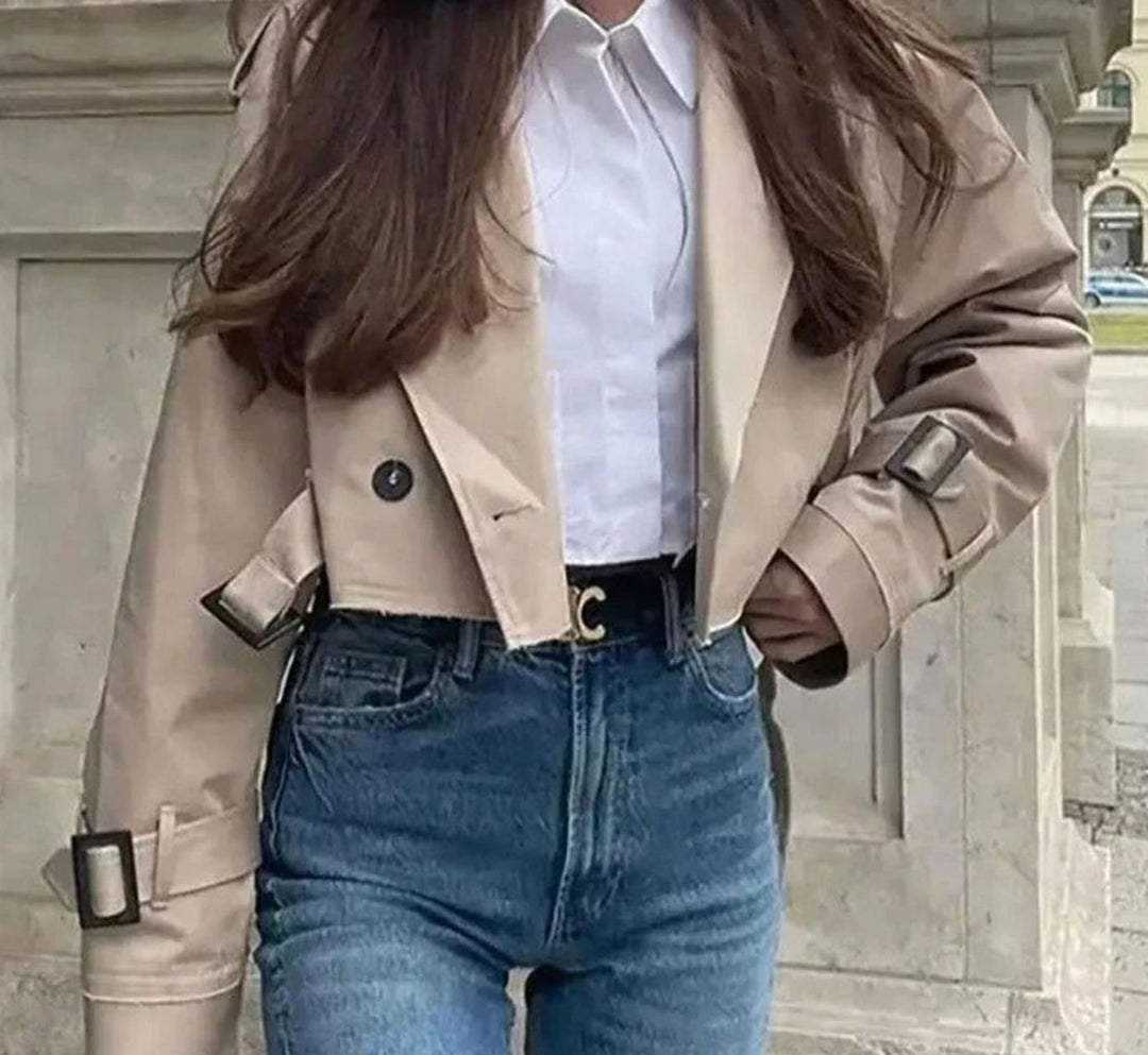 Women's Cropped Lapel Belted Trench Coat, Beige