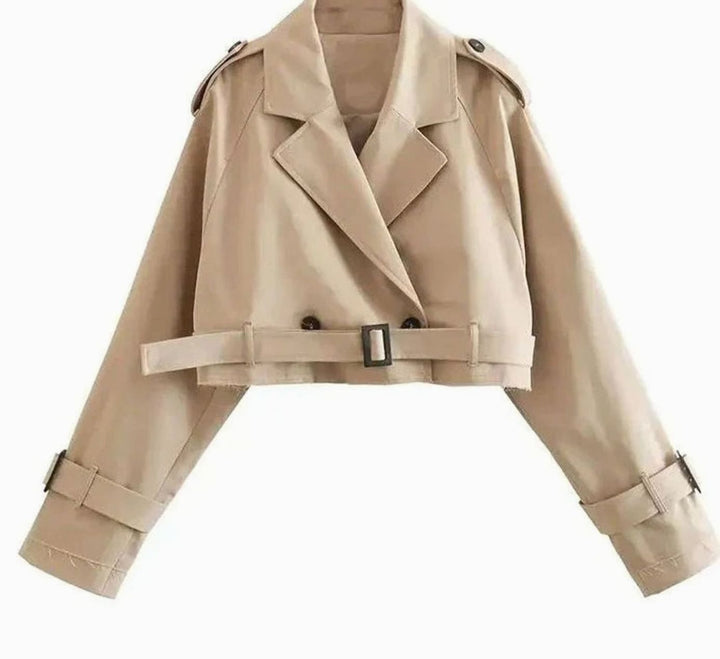 Women's Cropped Lapel Belted Trench Coat, Beige