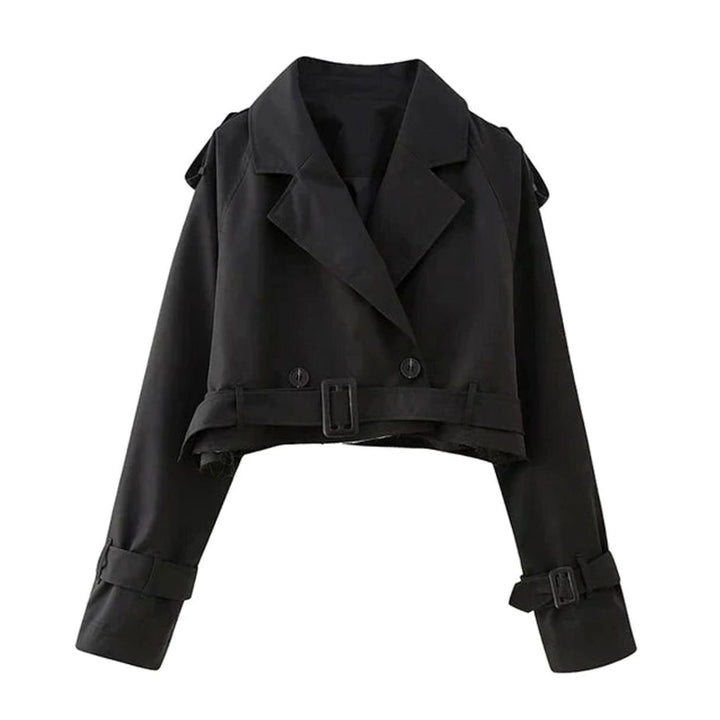 Women's Cropped Lapel Belted Trench Coat, Beige - Black