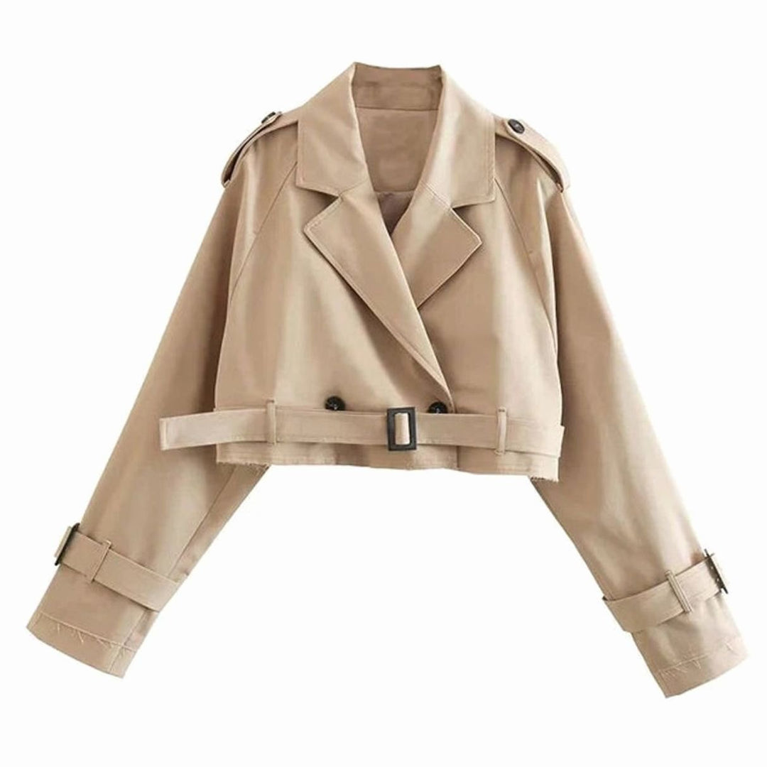 Women's Cropped Lapel Belted Trench Coat, Beige - Khaki