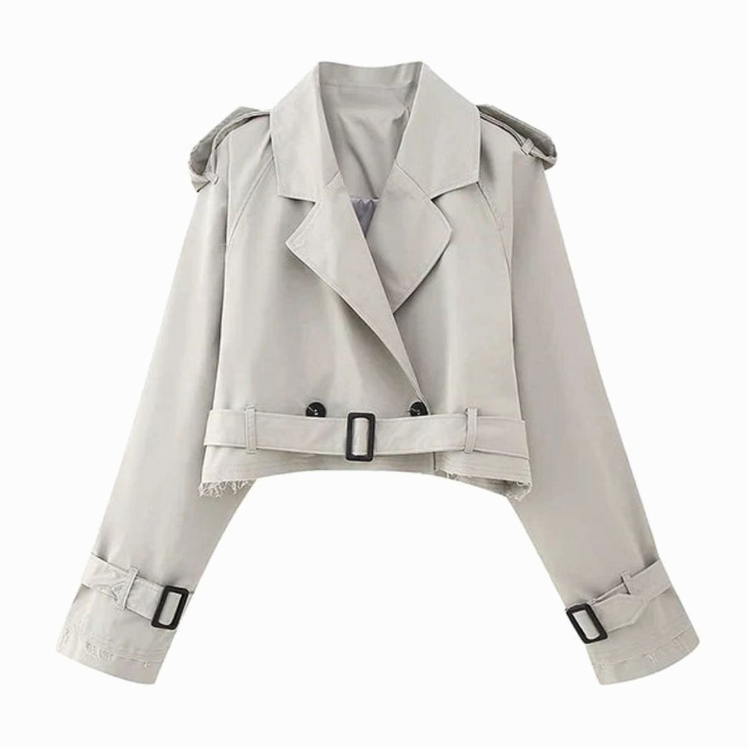 Women's Cropped Lapel Belted Trench Coat, Beige - Grey