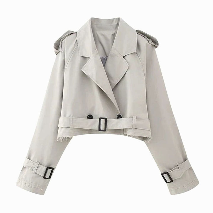Women's Cropped Lapel Belted Trench Coat, Beige - Grey