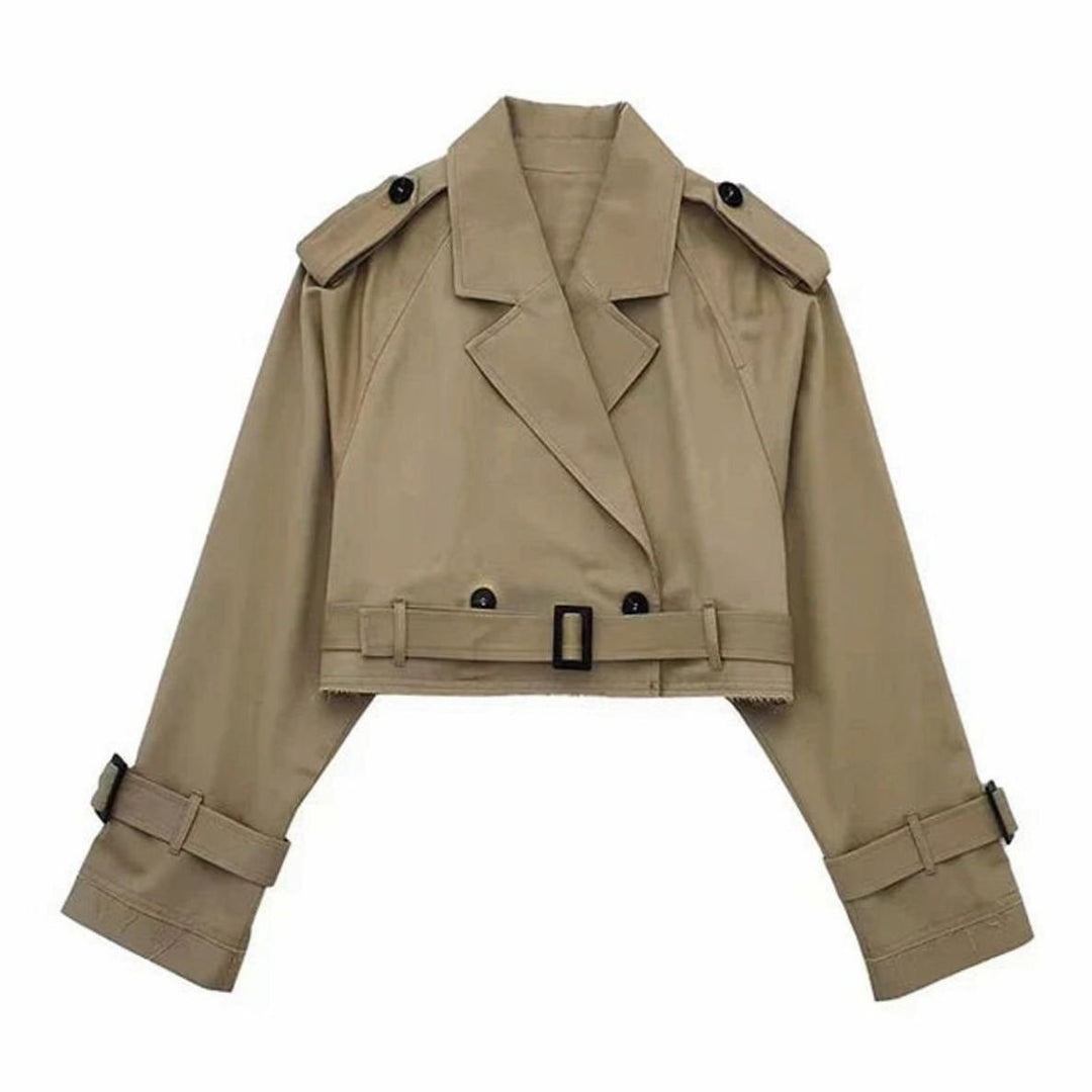 Women's Cropped Lapel Belted Trench Coat, Beige - Brown