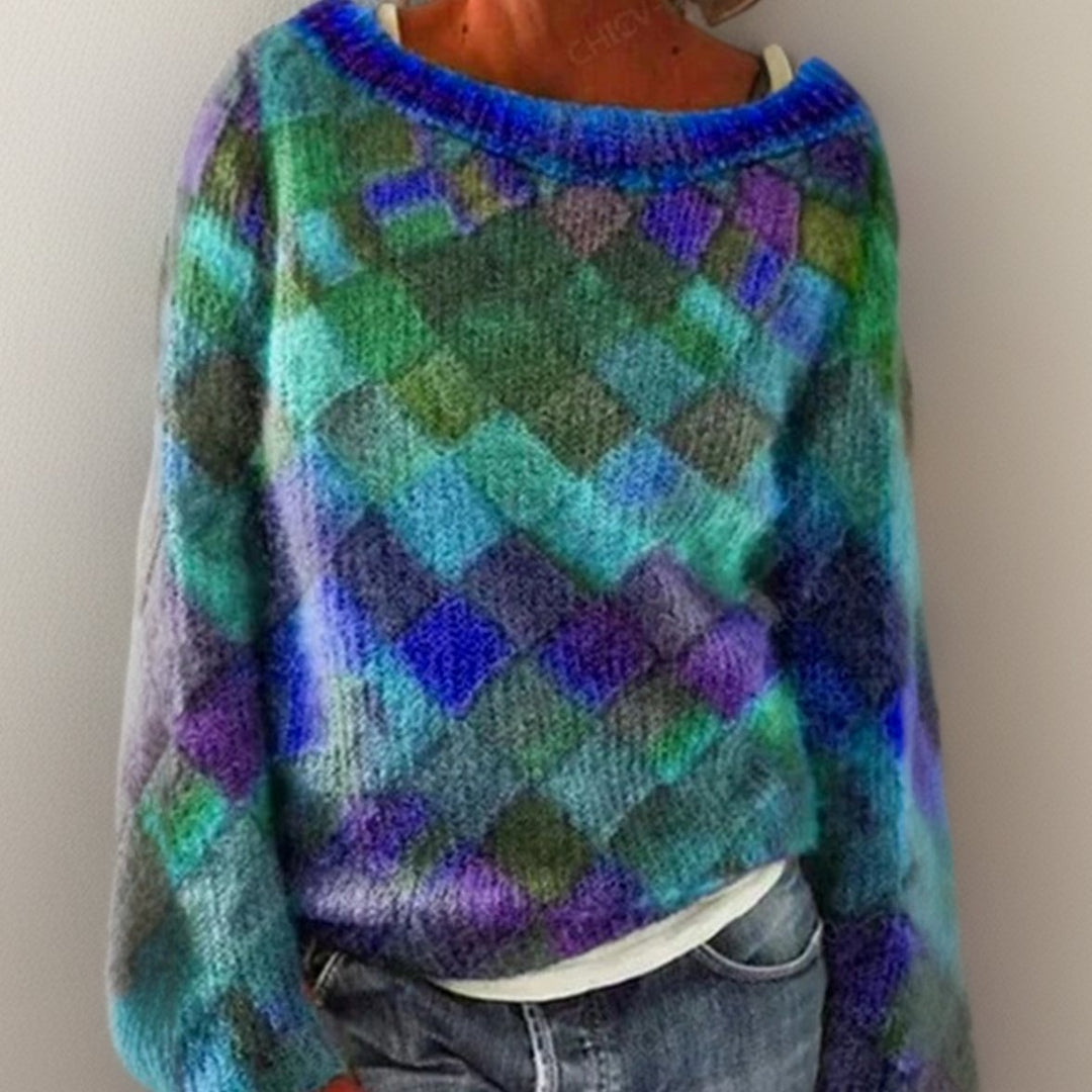 Women's Diamond Argyle Knitted Jumper Loose Fluffy Pullover