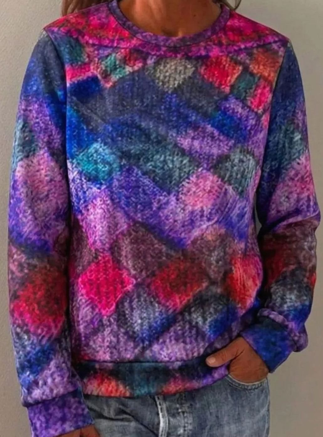Women's Diamond-Print Relaxed-Fit Crew-Neck Knitted Jumper, Purple - Purple