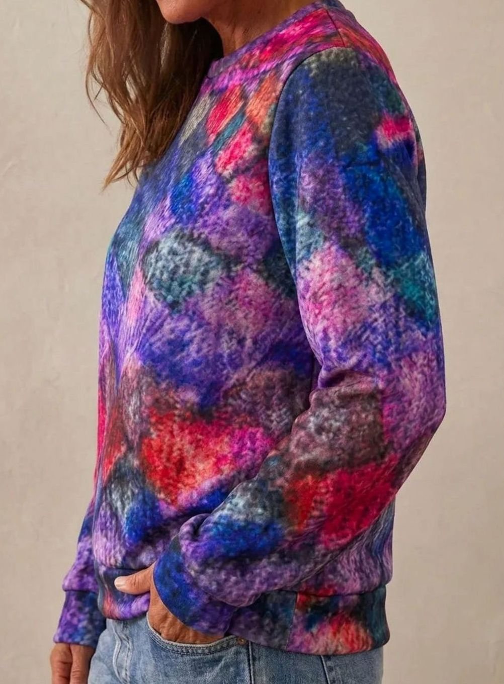 Women's Diamond-Print Relaxed-Fit Crew-Neck Knitted Jumper, Purple