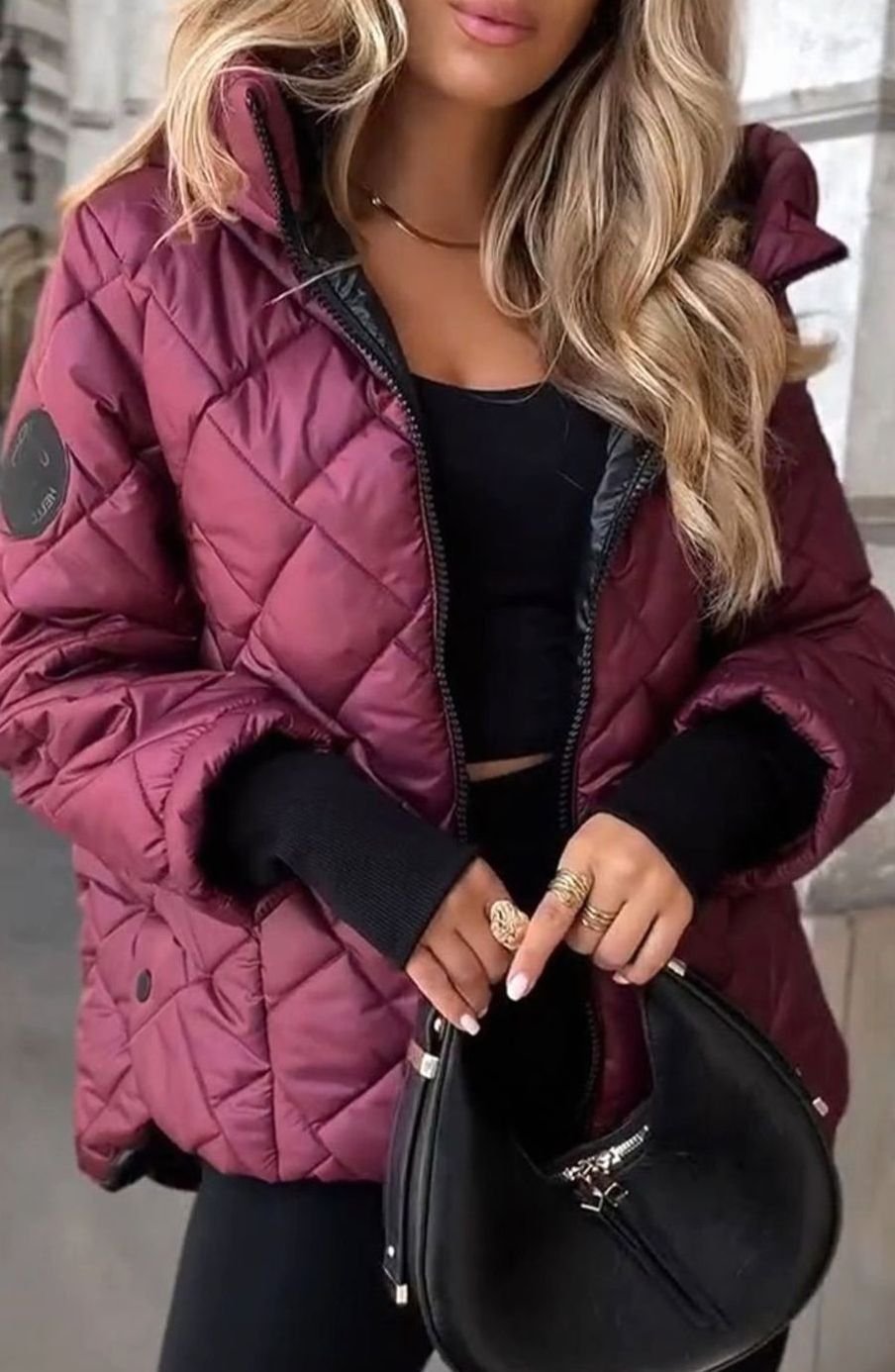 Women's Diamond Quilted Hooded Oversized Zip-Up Puffer Jacket