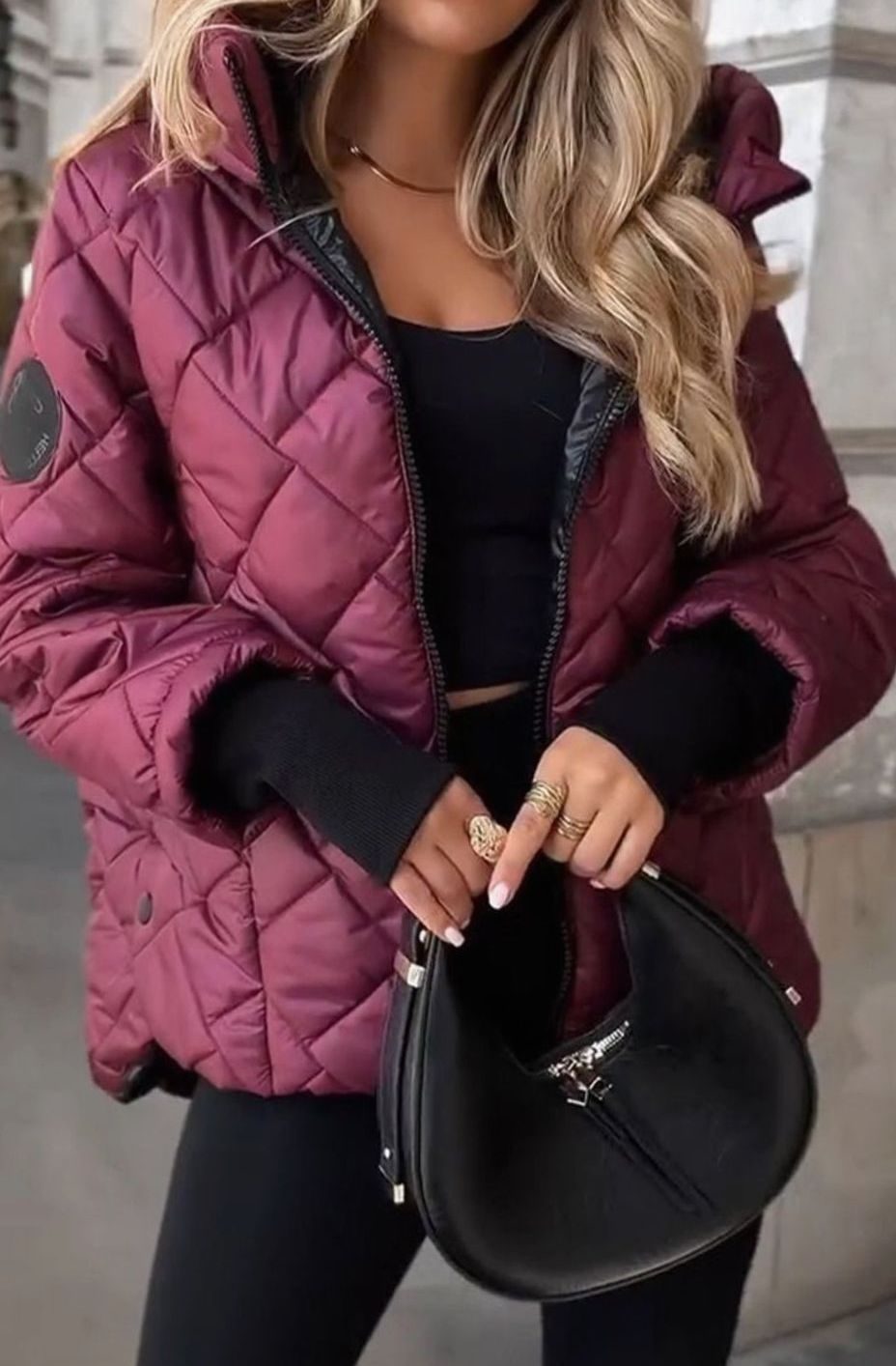 Women's Diamond Quilted Hooded Oversized Zip-Up Puffer Jacket - Wine Red