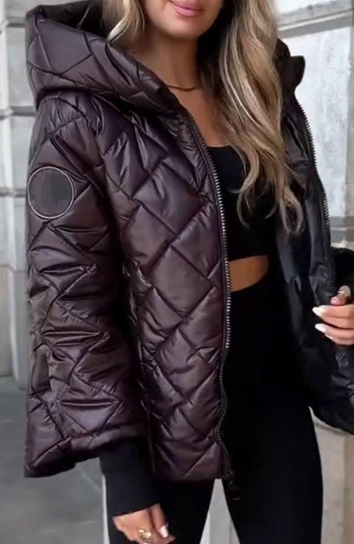 Women's Diamond Quilted Hooded Oversized Zip-Up Puffer Jacket - Brown
