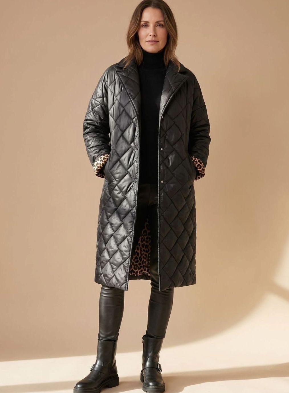 Women's Diamond-Quilted Mid-Length Winter Coat Leopard Lining - Black