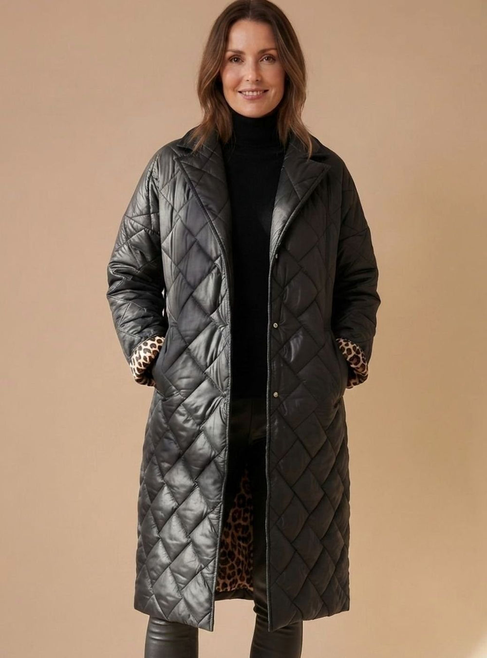 Women's Diamond-Quilted Mid-Length Winter Coat Leopard Lining