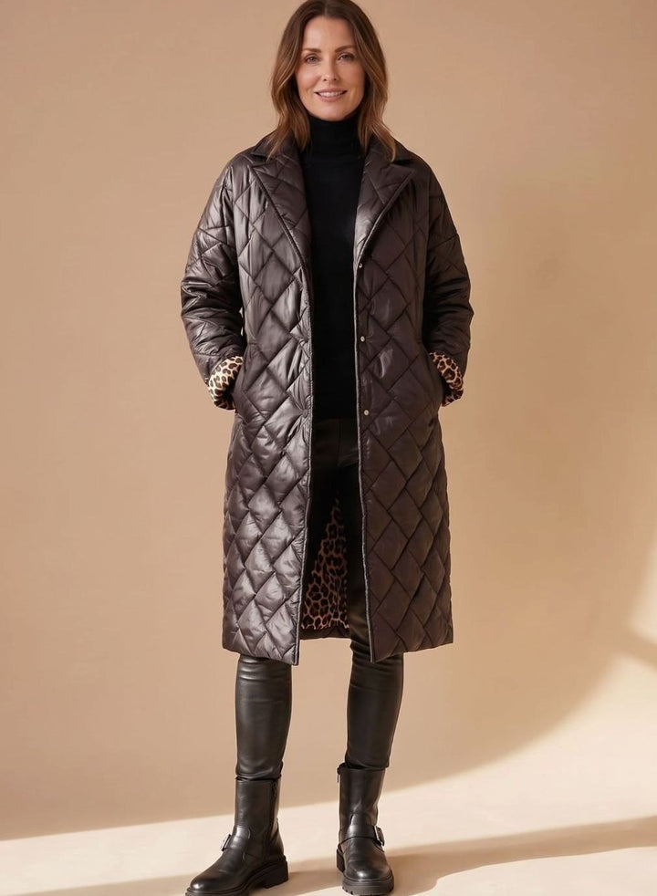 Women's Diamond-Quilted Mid-Length Winter Coat Leopard Lining - Brown