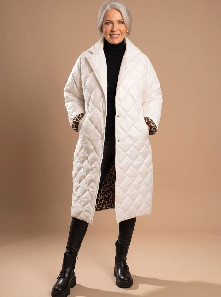 Women's Diamond-Quilted Mid-Length Winter Coat Leopard Lining - White