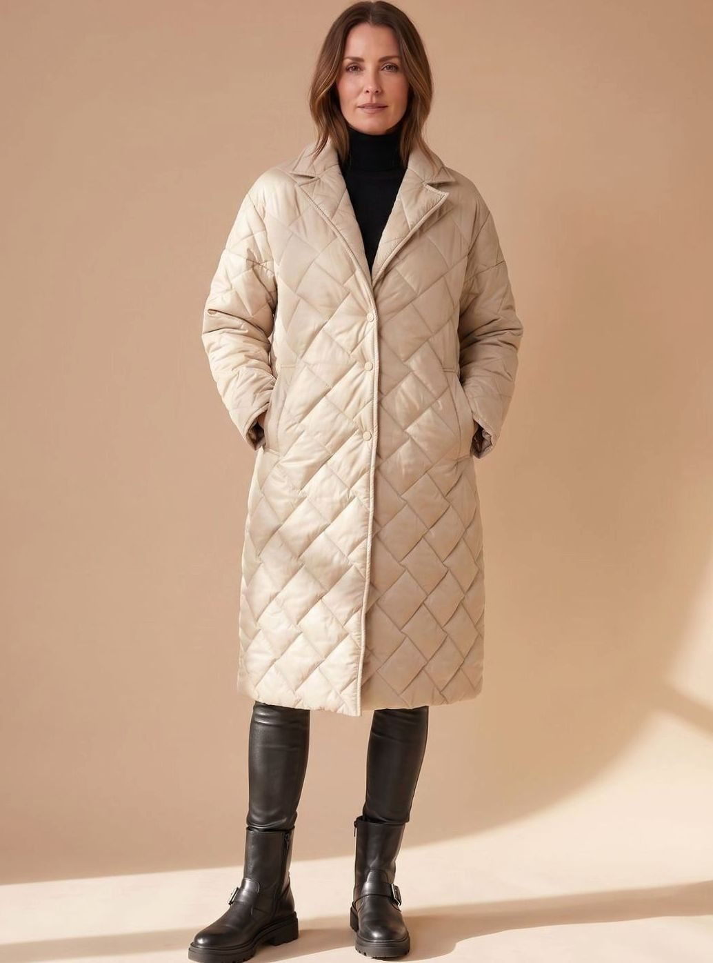 Women's Diamond-Quilted Mid-Length Winter Coat Leopard Lining - Beige
