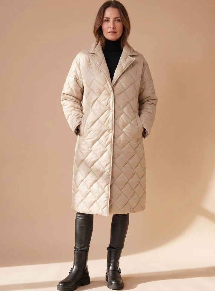 Women's Diamond-Quilted Mid-Length Winter Coat Leopard Lining - Beige