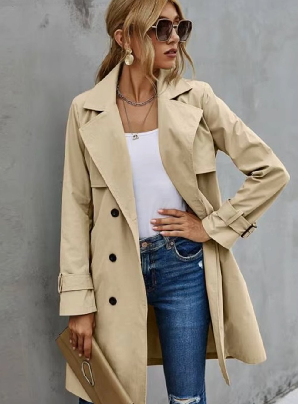 Women's Double-Breasted Belted Lapel Trench Coat, Khaki