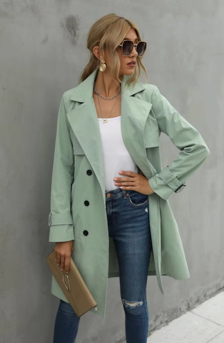 Women's Double-Breasted Belted Lapel Trench Coat, Khaki