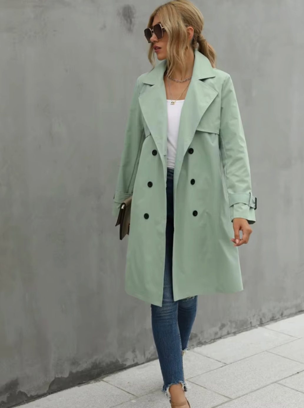 Women's Double-Breasted Belted Lapel Trench Coat, Khaki