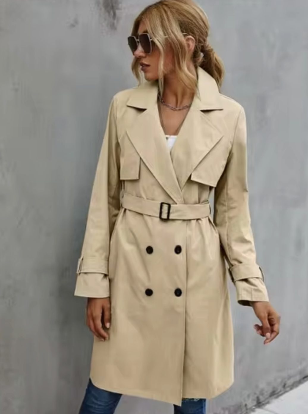 Women's Double-Breasted Belted Lapel Trench Coat, Khaki - Khaki