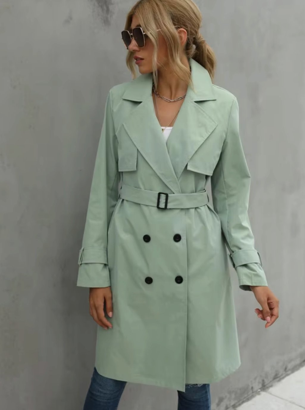 Women's Double-Breasted Belted Lapel Trench Coat, Khaki - Green