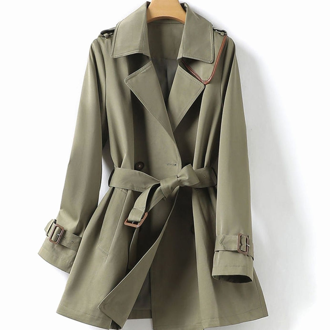 Women's Double-Breasted Belted Lapel Trench Coat Trenchcoat - Green