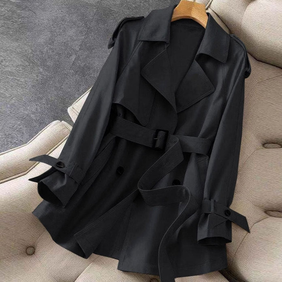 Women's Double-Breasted Belted Lapel Trench Coat Trenchcoat - Black