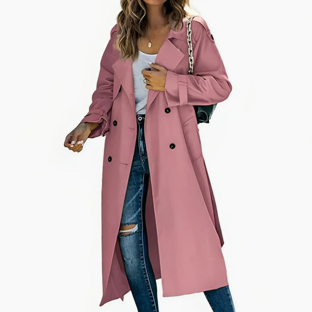 Women's Double-Breasted Belted Long Trench Coat Eleganter - Pink