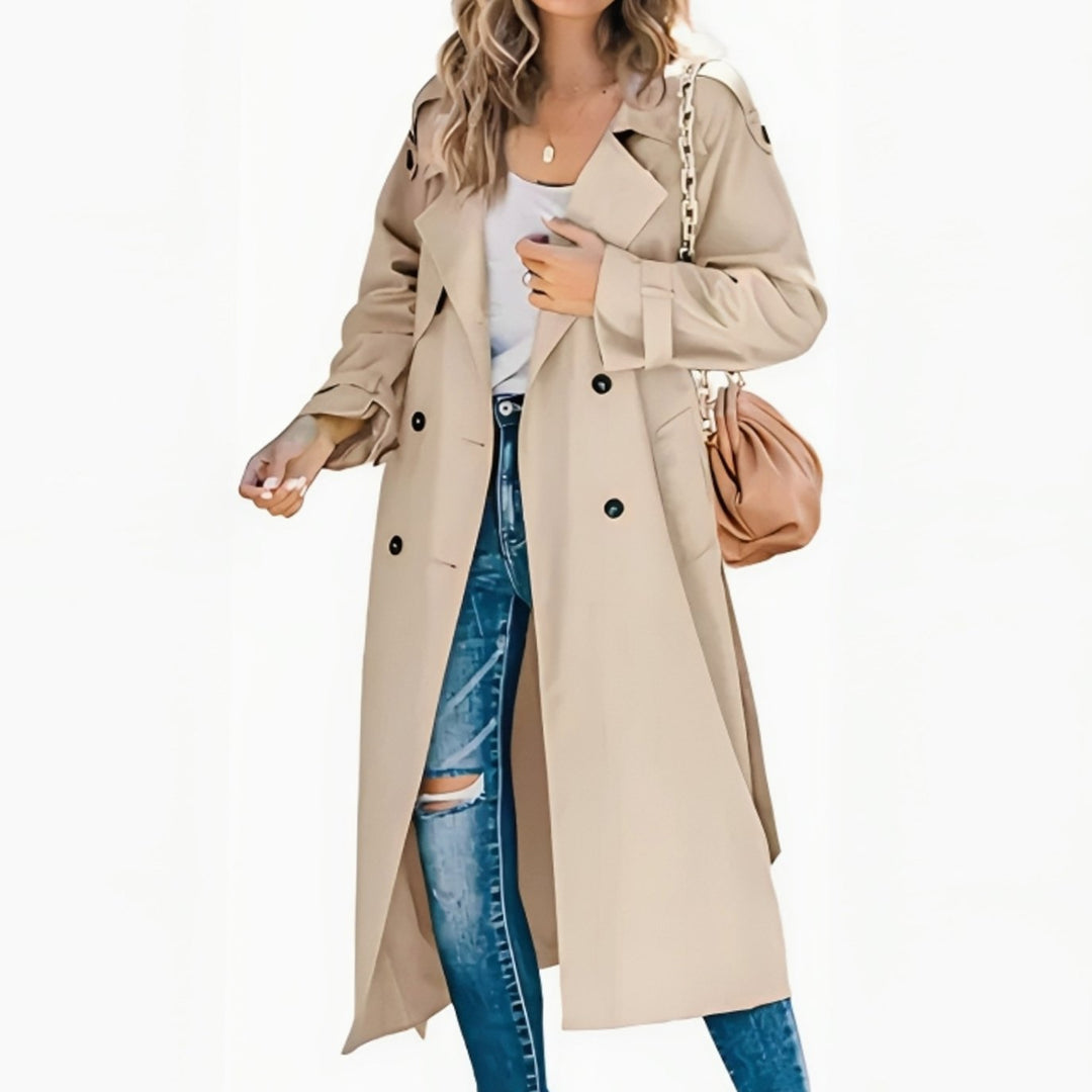 Women's Double-Breasted Belted Long Trench Coat Eleganter - Khaki