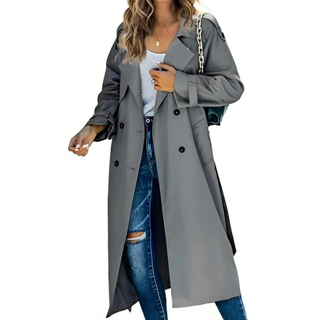 Women's Double-Breasted Belted Long Trench Coat Eleganter - Grey