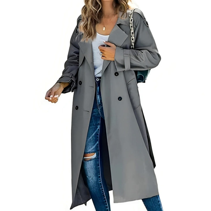 Women's Double-Breasted Belted Long Trench Coat Eleganter - Grey