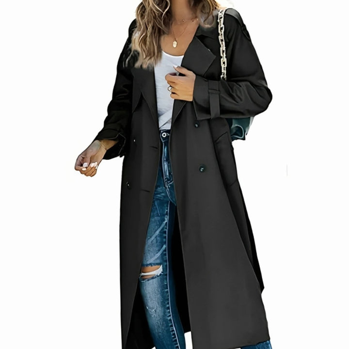 Women's Double-Breasted Belted Long Trench Coat Eleganter - Black